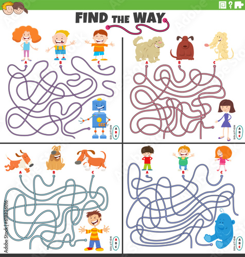 find the way maze games set with cartoon characters