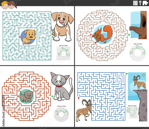 maze activities set with cartoon animal characters