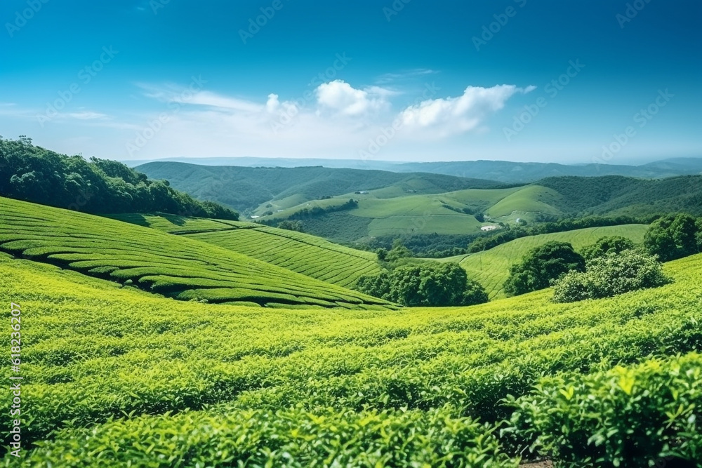 Green Tea field plantation with beautiful wide angle with blue sky.Generative Ai.