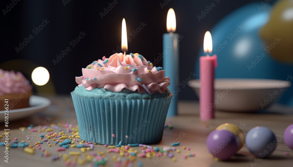 Sweet cupcakes burning with birthday candles aflame generated by AI Sweet cupcakes burning with birthday candles aflame generated by AI