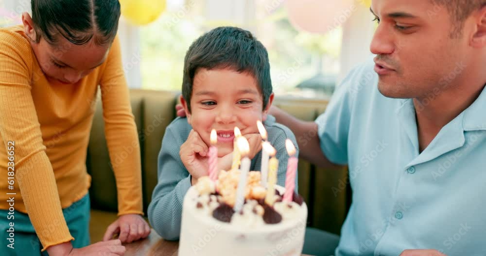 Birthday cake, happy family and father hug kid for youth celebration, home party or excited event. Parents love, congratulations embrace or young child celebrate special day with sister, mom and dad Birthday cake, happy family and father hug kid for youth celebration, home party or excited event. Parents love, congratulations embrace or young child celebrate special day with sister, mom and dad
