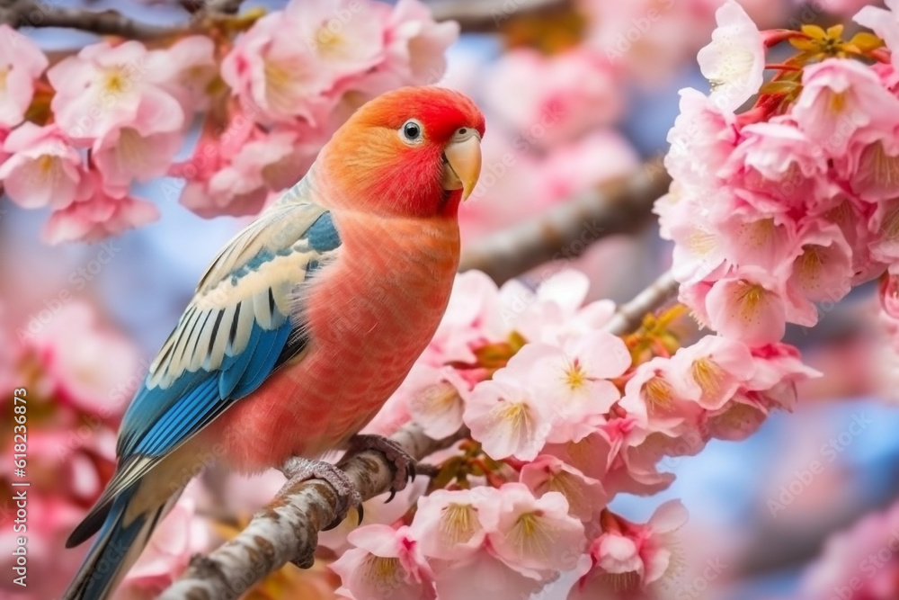 Beautiful parrot on a branch with pink flowers.Generative Ai.