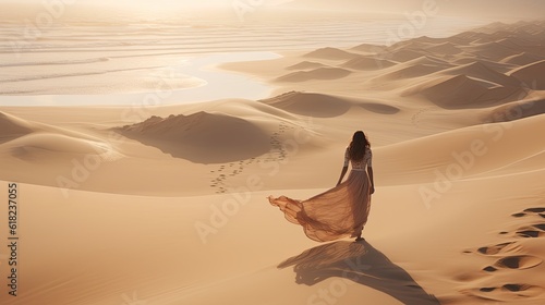 Print op canvas Woman walking on sand dunes of a beach alone