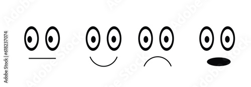 Cartoon faces. Expressive eyes and mouth, smiling, crying and surprised character face expressions. Caricature comic emotions or emoticon doodle. Isolated vector illustration icons set 