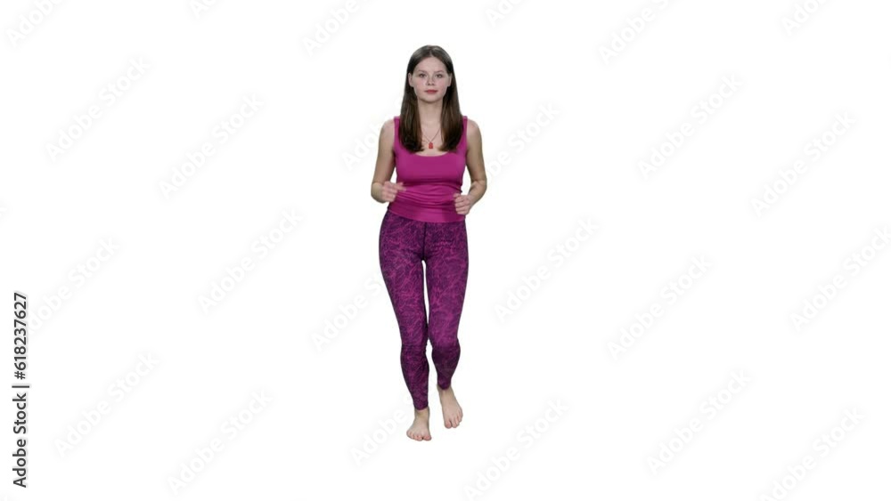 Young fit female in pink top and leggings jogging barefoot, Front view, Full HD footage with alpha transparency channel isolated on white background Young fit female in pink top and leggings jogging barefoot, Front view, Full HD footage with alpha transparency channel isolated on white background