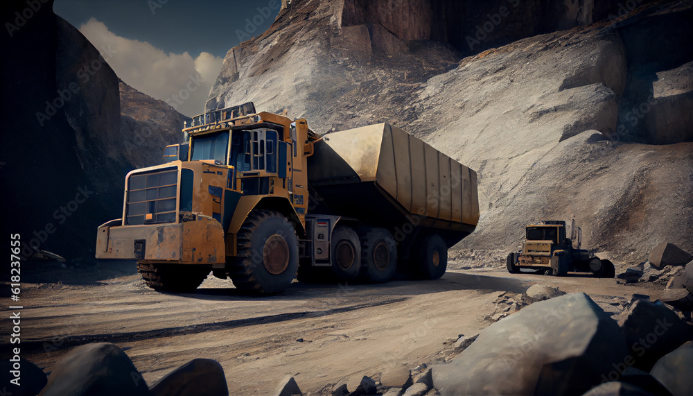 Truck and bulldozer working in the stone mine Ai generated image Truck and bulldozer working in the stone mine Ai generated image