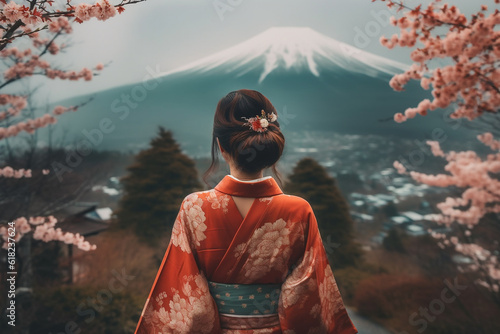 Woman wearing a kimono with cherry blossoms and fuji mountain.Generative Ai.