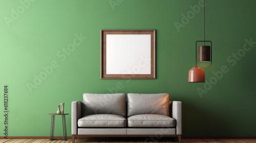 Wooden frame on the wall of the room green background.Generative Ai.