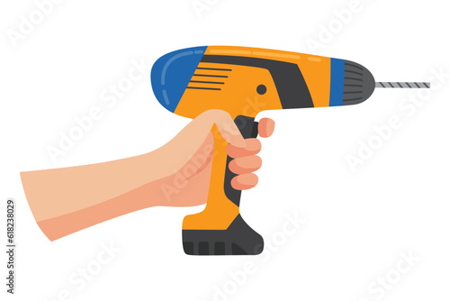 Construction tool in hand, drill. Repair and housework equipment in flat design, vector illustration. Master tool for building renovation