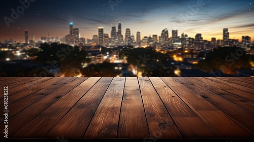Wooden table blurred sky night city building