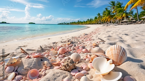 Landscape with shells on tropical beach. Generative AI © waichi2013th