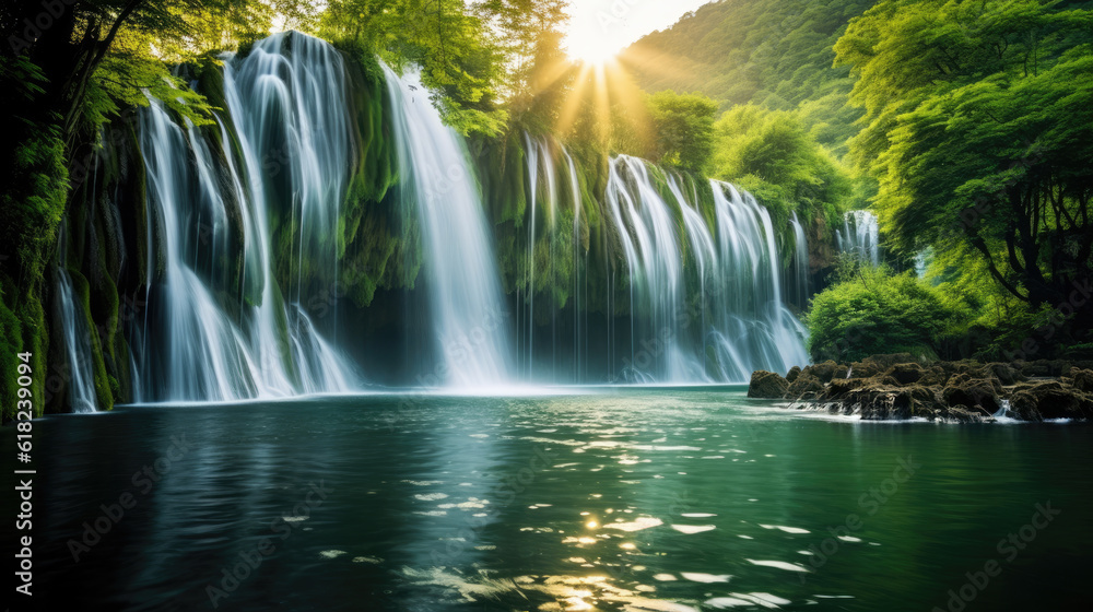 nature landscape with lake and waterfalls