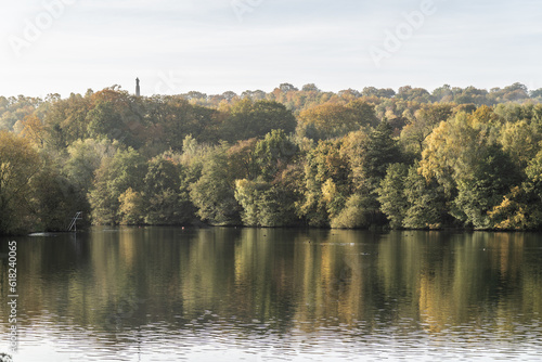 Fototapeta Naklejka Na Ścianę i Meble -  Staffordshire autumnal lakeside landscape sunny day with clouds, travel and nature concept illustration.