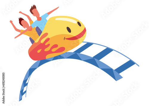 Roller coaster happy people. Rollercoaster. Friends riding in amusement park have fun positive emotion, park attractions. Young people having fun and enjoyment, cartoon vector illustration