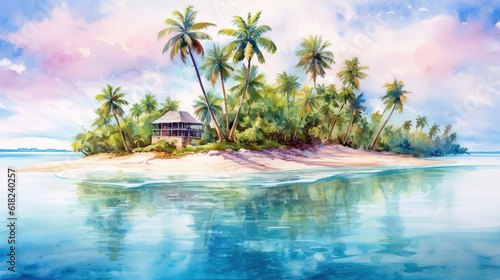 A Watercolor Painting of Tropical Island Beach with Palm Trees  Crystal Clear Water of the Sea.