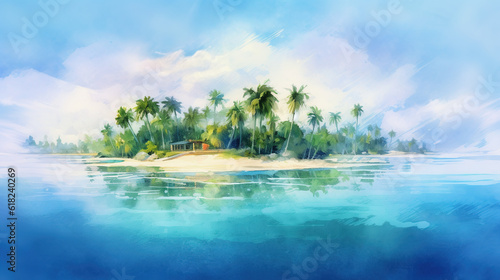 A Watercolor Painting of Tropical Island Beach with Palm Trees, Crystal Clear Water of the Sea. © Phoophinyo