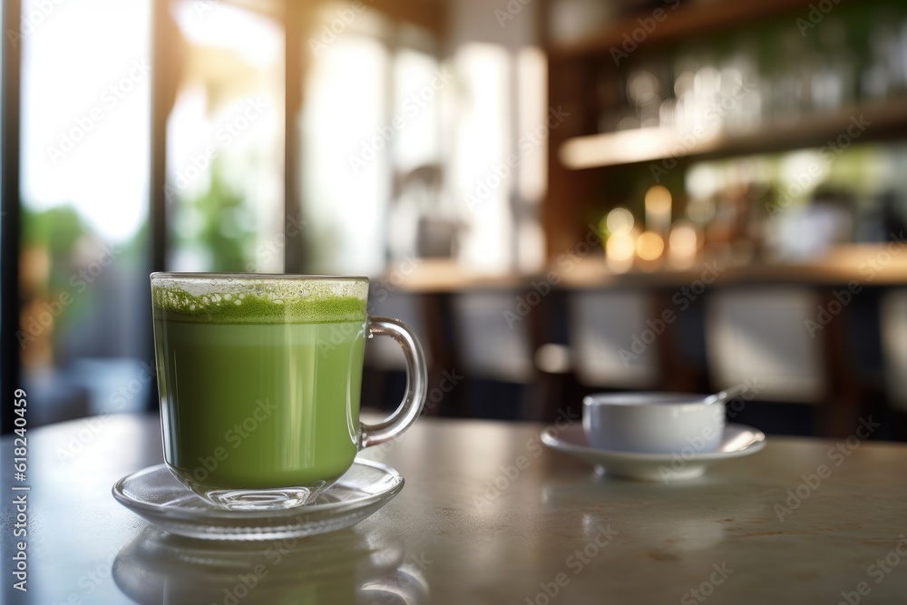 Fototapeta premium Green matcha tea drink on kitchen counter, AI Generated