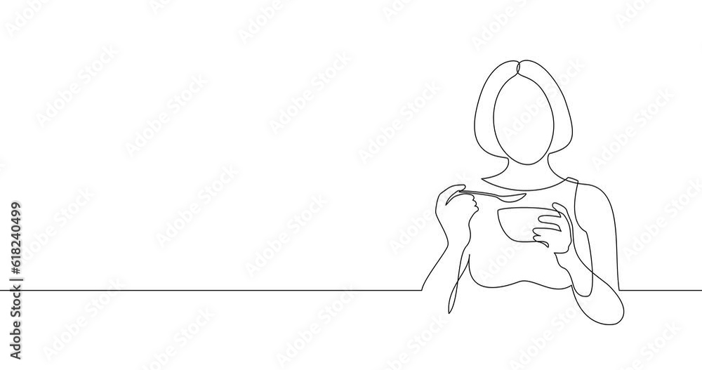 Animation of an image drawn with a continuous line. Woman holds a spoon and a bowl and eats. Animation of an image drawn with a continuous line. Woman holds a spoon and a bowl and eats.