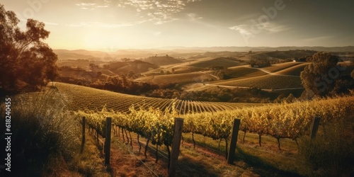 A panoramic view of rolling hills and vineyard
