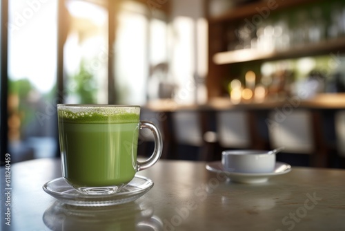Green matcha tea drink on kitchen counter, AI Generated