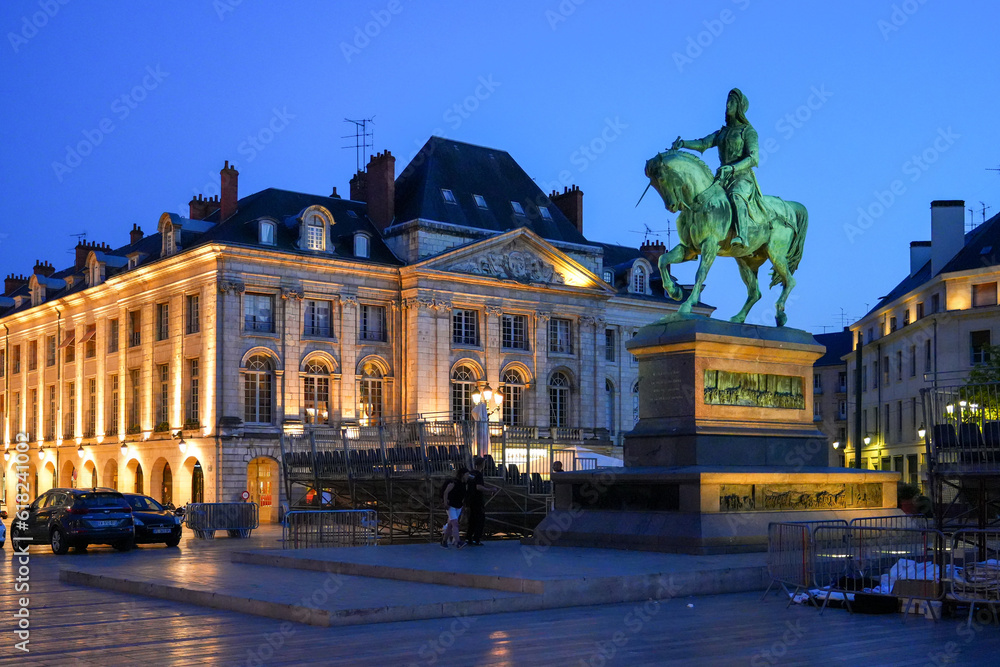 Equestrian statue of Joan of Arc holding a sword facing down on the Place du Martroi in the city center of Orléans in the department of Loiret, Centre-Val de Loire, France