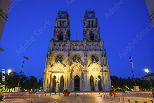OrlÃ©ans Cathedral of Sainte Croix ("Holy Cross") at night in the French department of Loiret in the Center of France