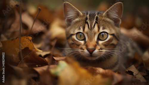 Fluffy kitten staring at autumn leaves curiously generated by AI