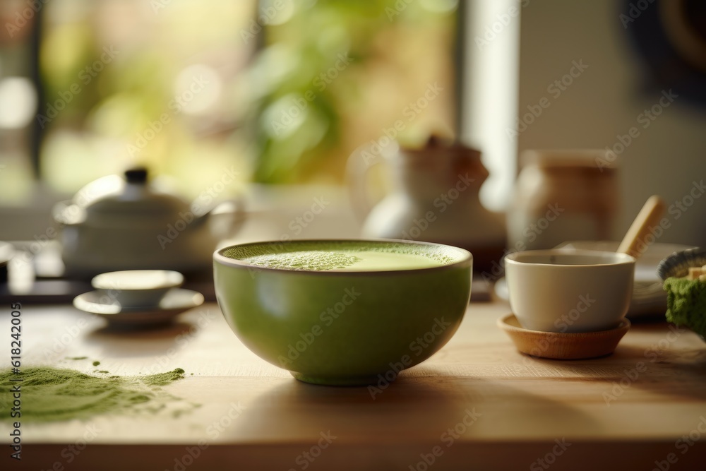 Green matcha tea drink on kitchen counter, AI Generated