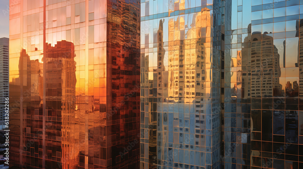A City Skyscrapers Sunlight is Reflected on the Glass Surface of the Building, the Geometric Background Pattern of the Glass Window on the Modern Building 