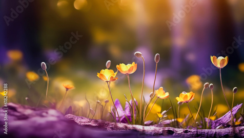Yellow and blue flowers on a blurred summer background
