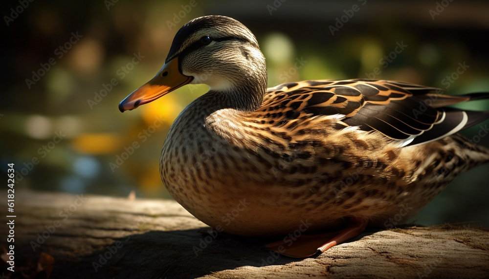 Obraz premium Male mallard duck quacks in tranquil pond generated by AI