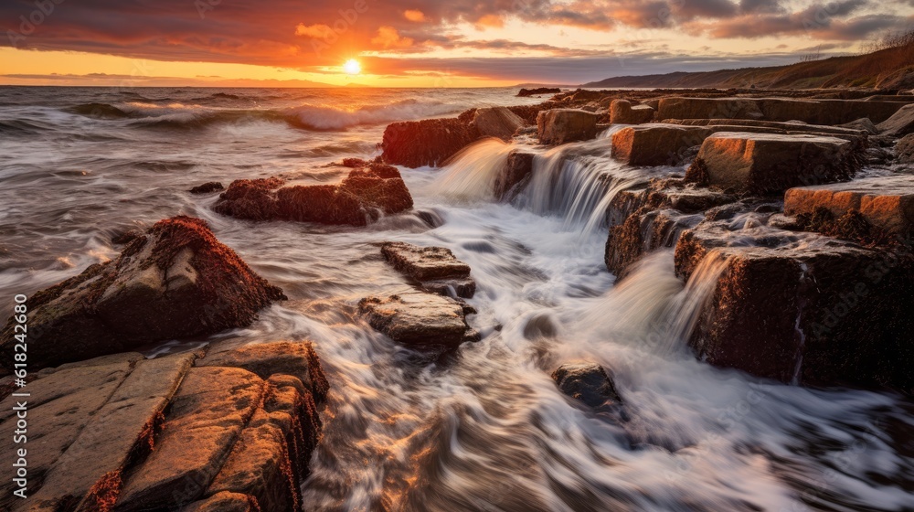 Water waves crashing over the rocks at sunset Water waves crashing over the rocks at sunset