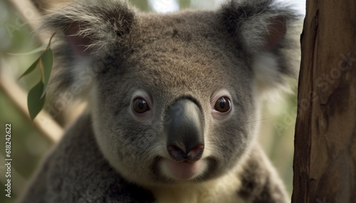 Endangered marsupial, koala, perched on eucalyptus branch generated by AI