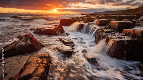 Water waves crashing over the rocks at sunset