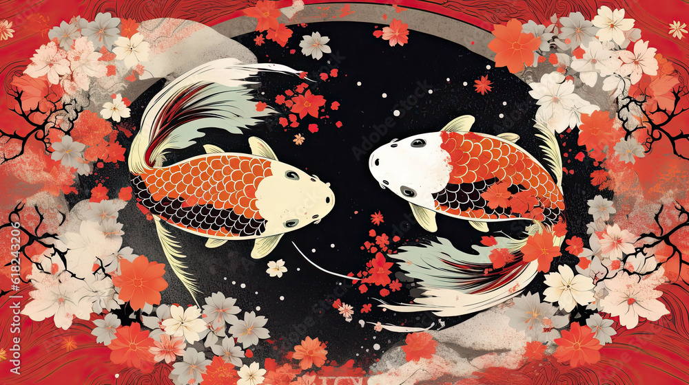 Vector image of an carp koi on Japanese background,Ai generative Stock