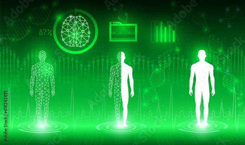 abstract background technology concept in green light,human body heal,technology modern medical science in future and global international medical with tests analysis clone DNA human.