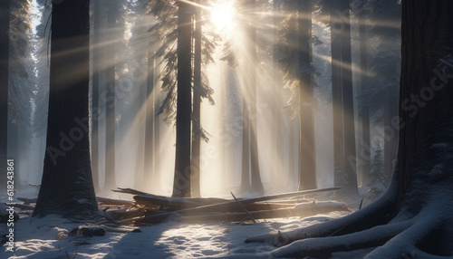 Sunlight illuminates winter forest  a tranquil scene generated by AI