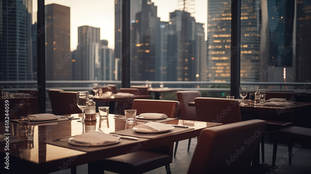 A View to Savor: Tables Set in a Classic Restaurant with Stunning Skyline Vistas, Generative AI