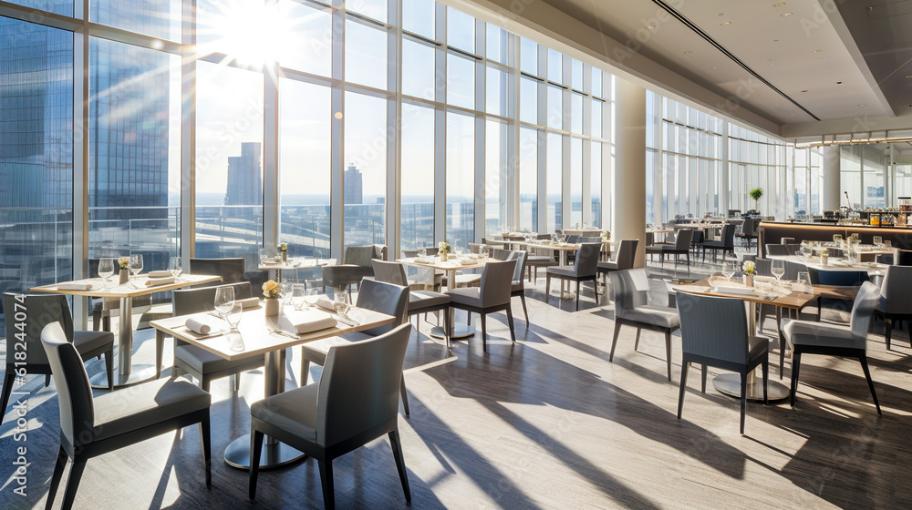 Dining in the Sky: Classic Restaurant on the Top Floor of a Skyscraper, Generative AI