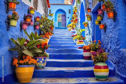 Colourful Flowerpot Decorations on Blue Staircase and Wall in Chefchaouen Medina, Morocco. Vibrant Arabic Architecture on Beautiful Street in Africa. Generative AI © Serhii