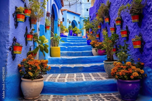 Colourful Flowerpot Wall on Blue Staircase in Chefchaouen Medina, Morocco: Decorative Street Architecture with Arabic Style © Serhii