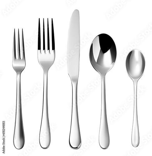 Set of Cutlery of silverware silver teaspoon spoon, fruit fork knife on transparent background cutout, PNG file. Mockup template for artwork design. 

 photo