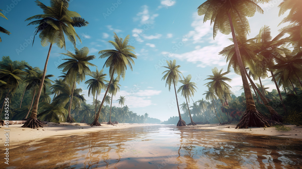 Obraz premium A Beautiful Beach with Coconut Trees at Sunset Copy Space of Summer Vacation and Travel Concept, Tropical Paradise Beach with White Sand and Palm Trees.