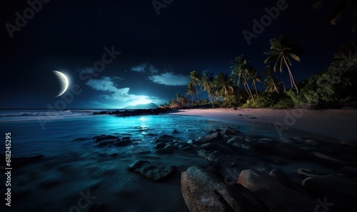 Hawaiian beach at night under the moonlight     Generative AI