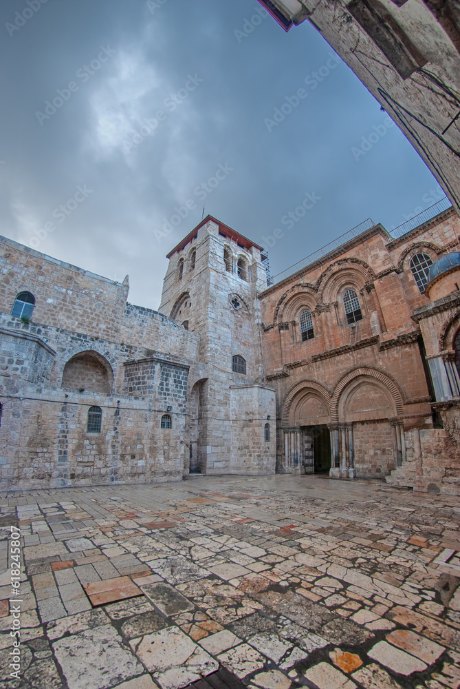The entrance to the Church of the Holy Sepulchre during a stormy day with no people