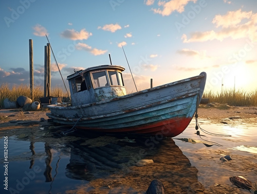 Vieux bateau de pêche rouillé sur la mer