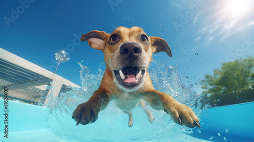 A Funny Underwater Portrait, Happy Dog in Swimming Pool Practicing Scuba Diving During Summer Vacation © Phoophinyo