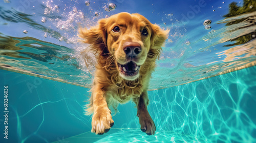 A Funny Underwater Portrait, Happy Dog in Swimming Pool Practicing Scuba Diving During Summer Vacation
