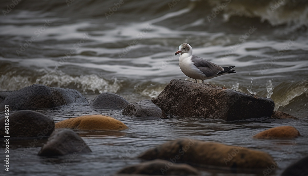 A seagull perched on a rocky coastline generated by AI A seagull perched on a rocky coastline generated by AI