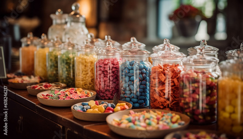 A large bowl of fresh fruit, candy, and sweet souvenirs decorate the table in abundance generated by AI